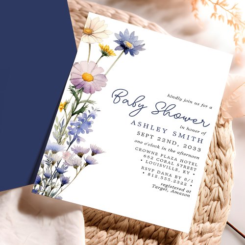 Blue Wildflower Boho Watercolor Baby Shower Invitation