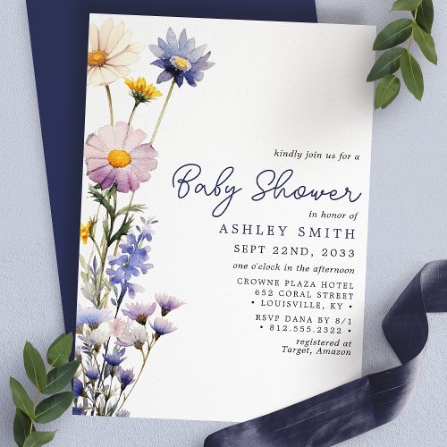 Blue Wildflower Boho Watercolor Baby Shower Invitation