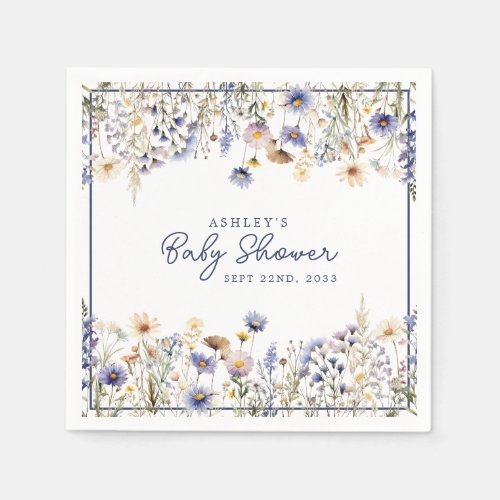 Blue Wildflower Boho Watercolor Baby Shower Napkins