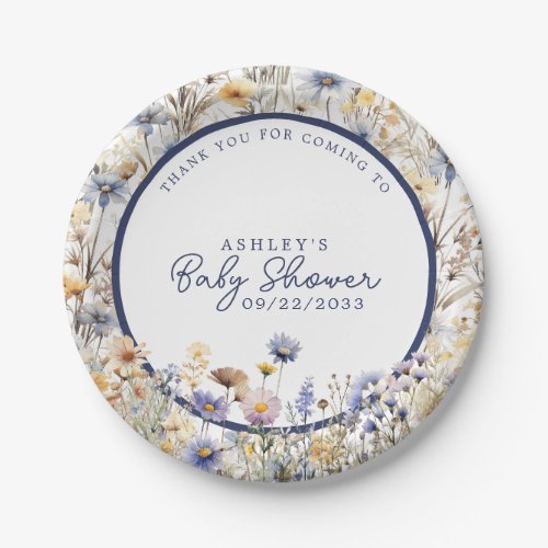 Blue Wildflower Boho Watercolor Baby Shower Paper Plates