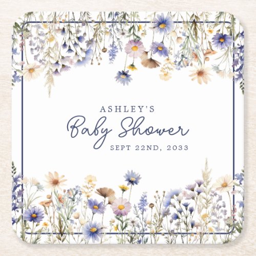 Blue Wildflower Boho Watercolor Baby Shower Square Paper Coaster