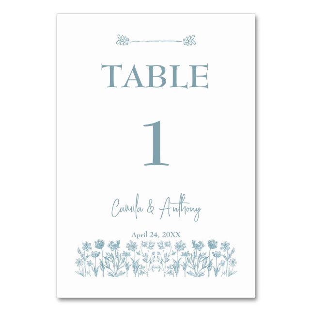 Blue Wildflower Boho Wedding  Table Number (Front)