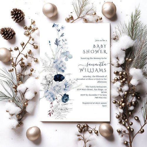 Blue Wildflower boho Winter Baby Shower Invitation