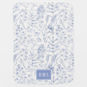 Blue Wildflower Botanical Monogram Baby Blanket