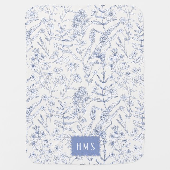 Blue Wildflower Botanical Monogram  Baby Blanket (Front)