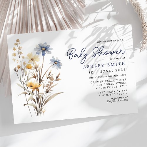 Blue Wildflower Bouquet Boho Baby Shower Invitation