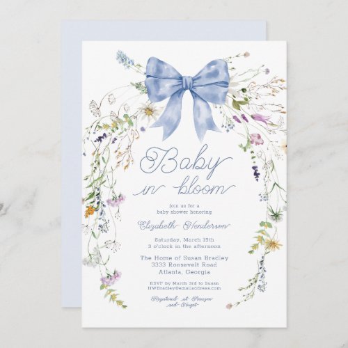 Blue Wildflower Bow Baby In Bloom Baby Shower Invitation