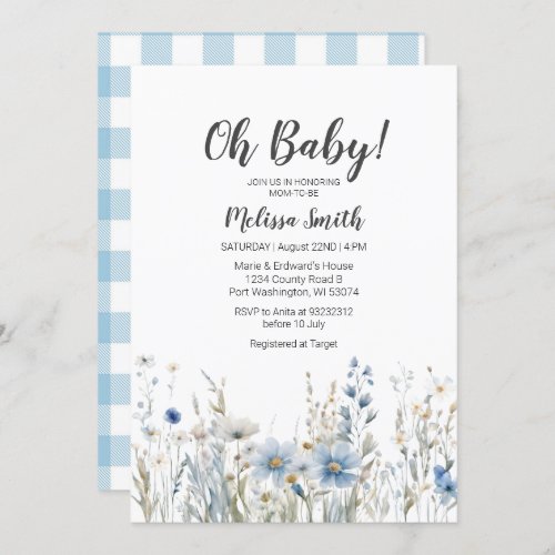 Blue Wildflower boy baby shower invitation