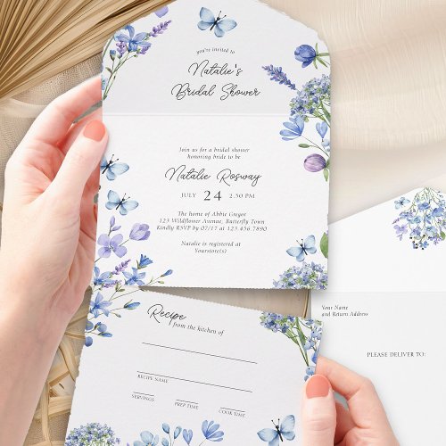 Blue Wildflower Bridal Shower and Tear Away Recipe All In One Invitation