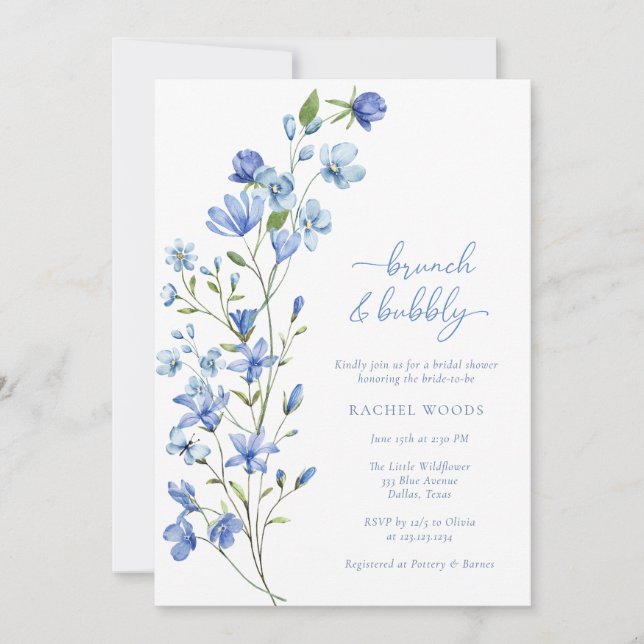 Blue Wildflower Brunch & Bubbly Bridal Shower Invitation (Front)