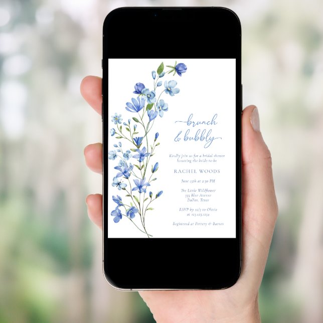 Blue Wildflower Brunch & Bubbly Bridal Shower Invitation (Front Digital)