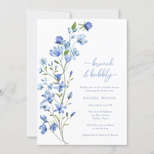Blue Wildflower Brunch  Bubbly Bridal Shower Invitation