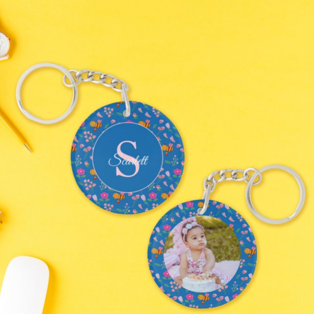 Blue Wildflower & Bumble Bee Watercolor Monogram Keychain (Creator Uploaded)