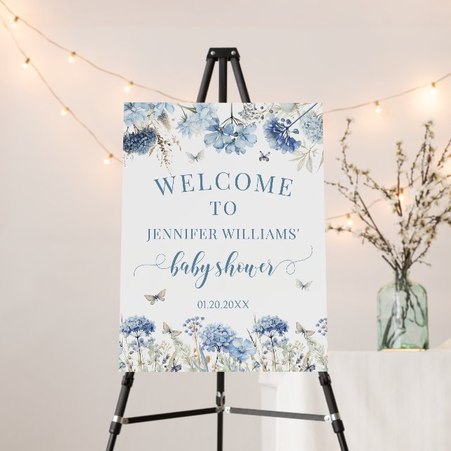 Blue wildflower butterfly baby shower welcome sign (In Situ (Stand))