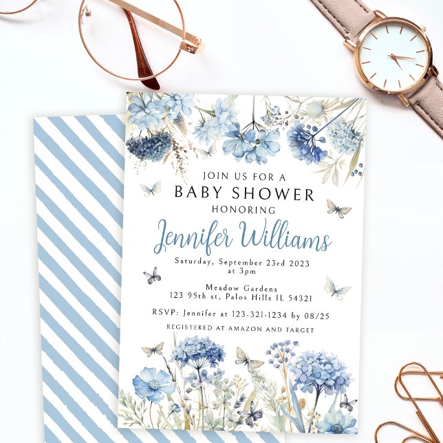 Blue wildflower butterfy baby boy shower invitation (Creator Uploaded)