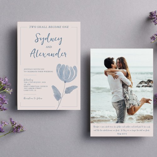 Blue Wildflower Christian Two Become One Wedding Invitation