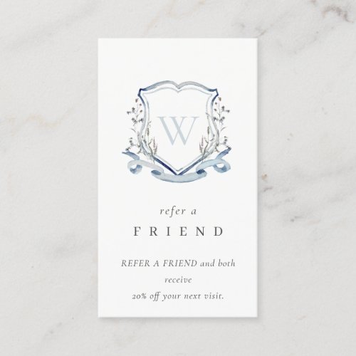 Blue Wildflower Crest Monogram Refer A Friend Business Card