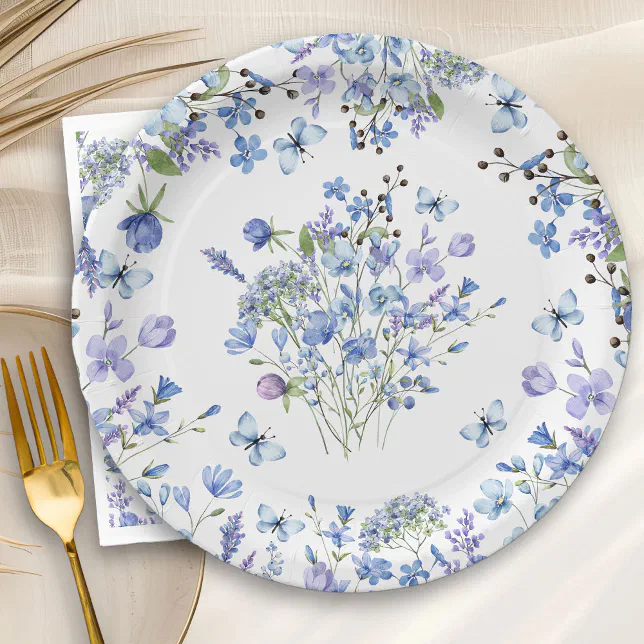 Blue Wildflower Delicate Watercolor Floral Pattern Paper Plates | Zazzle