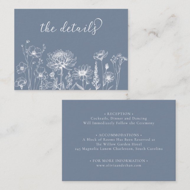 Blue Wildflower Details Card Periwinkle Wedding (Front/Back)
