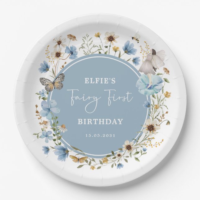 Blue Wildflower Fairy Princess Birthday Tea Party Paper Plates (Front)