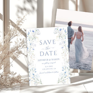 Blue Wildflower Floral Boho Save The Date Photo Invitation