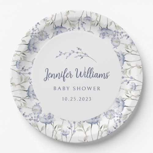 Blue wildflower floral boy baby shower Paper Plate