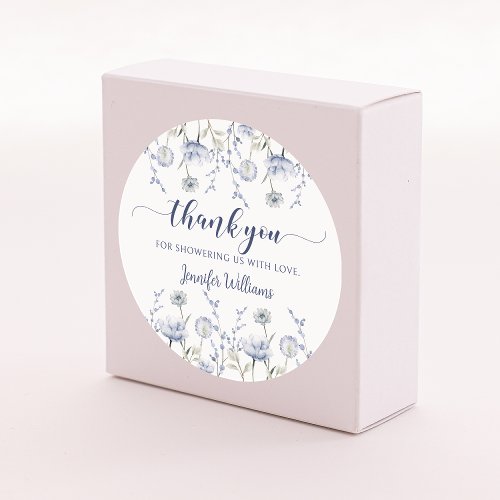 Blue wildflower floral boy baby shower thank you  classic round sticker