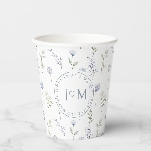 Blue wildflower floral monogram wedding paper cups