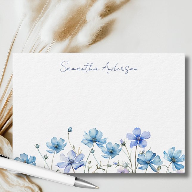 Blue Wildflower Floral Personalized Flat Note Card (Creator Uploaded)
