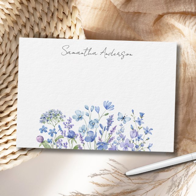 Blue Wildflower Floral Personalized Flat Note Card (Creator Uploaded)