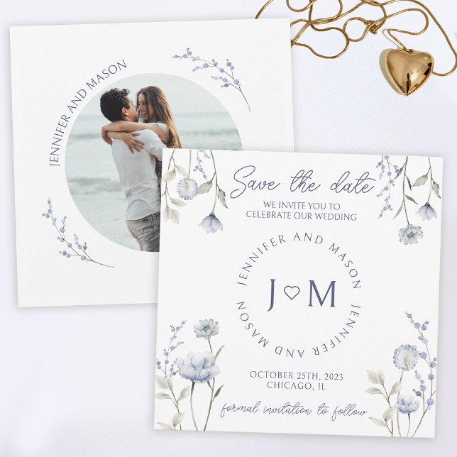 Blue wildflower floral Save the date photo Invitation (Creator Uploaded)