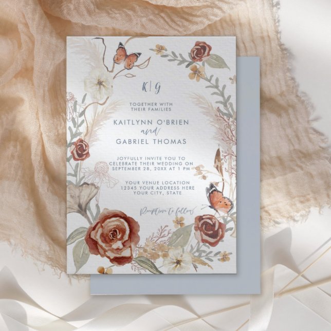 Blue Wildflower Floral Wreath Butterfly Greenery Invitation (Creator Uploaded)
