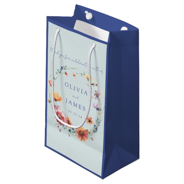 Blue Wildflower Floral Wreath Wedding Favor Small Gift Bag (Front Angled)
