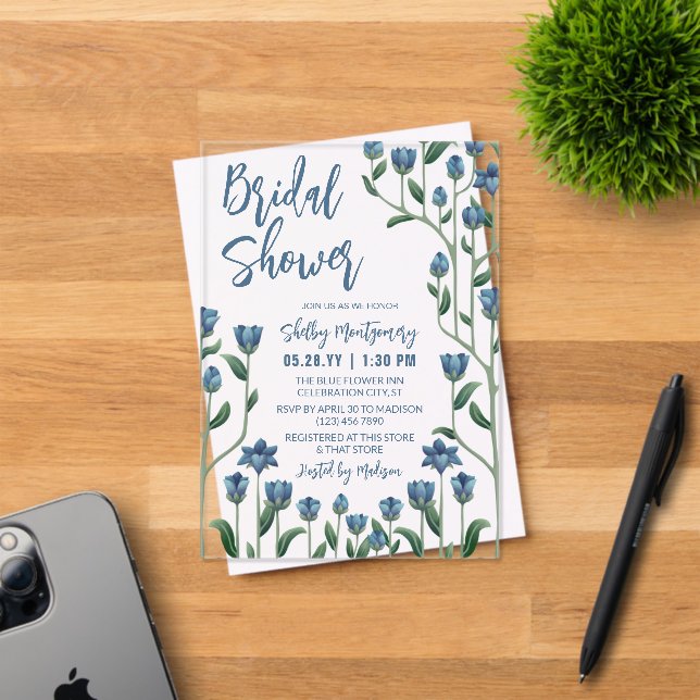 Blue Wildflower Frame Floral Bridal Shower Acrylic Invitations (Insitu (Invitation Card))
