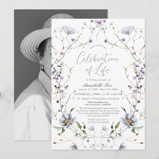 Blue Wildflower Funeral Memorial Invitation (Front/Back)