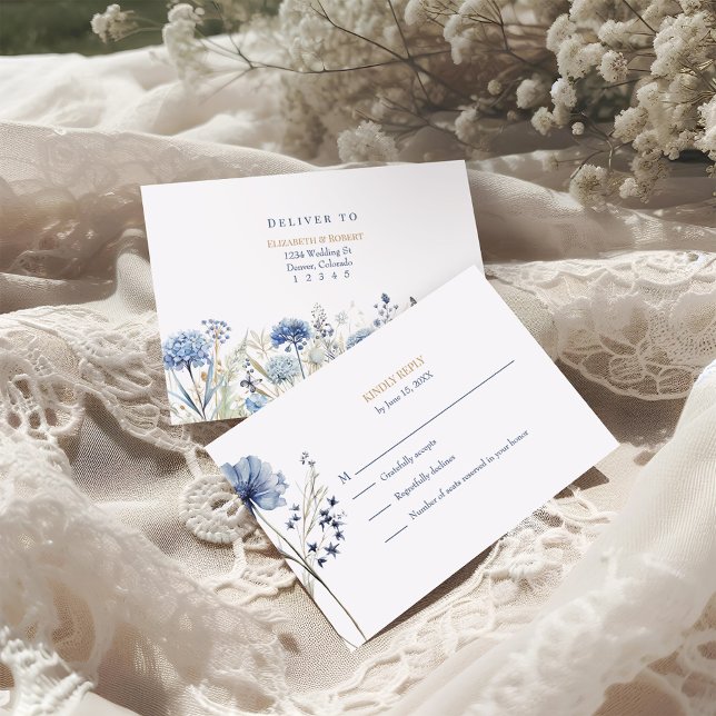 Blue Wildflower Garden RSVP with Botanical Back Thank You Card (French Blue Wildflower Meadow Wedding RSVP Card on a white boho wedding table with lace and  flowers)