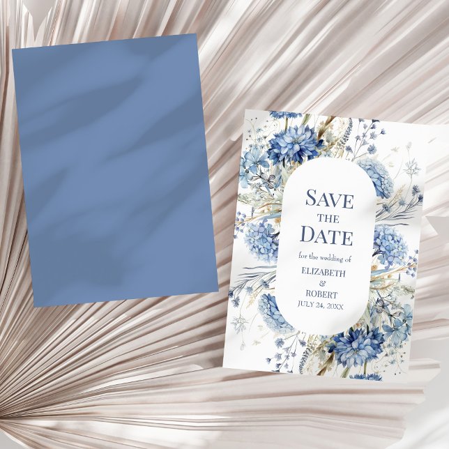 Blue Wildflower Garden Save the Date Invitation (French Blue Garden Wildflowers Save The Dates Invitation on a sunny dry palm leaf.)
