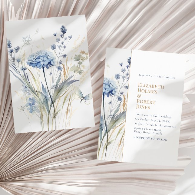 Blue Wildflower Garden Watercolor Wedding  Invitation (Boho Chic French Blue Wildflowers Wedding Invitation  on a sunny neutral dry palm leaf.)