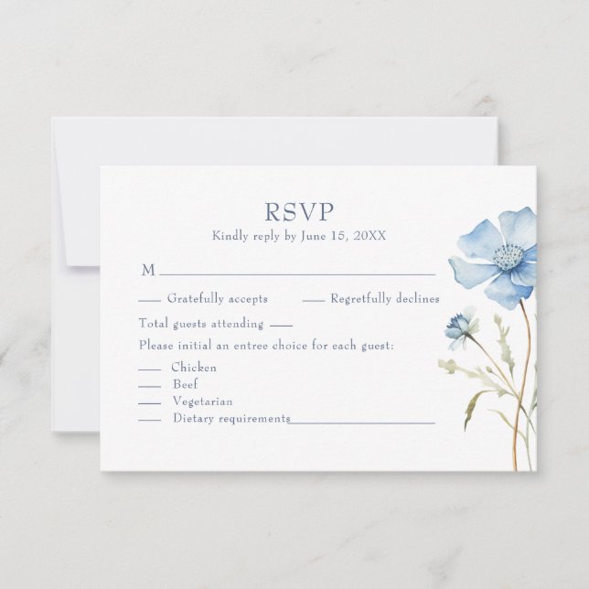 Blue Wildflower Garden Wedding RSVP Card (Front)