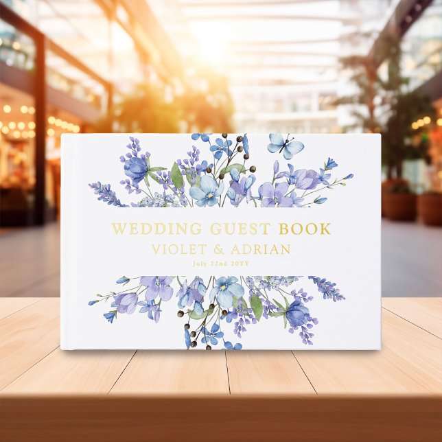 Blue Wildflower & Gold Foil Wedding Foil Guest Book (Creator Uploaded)