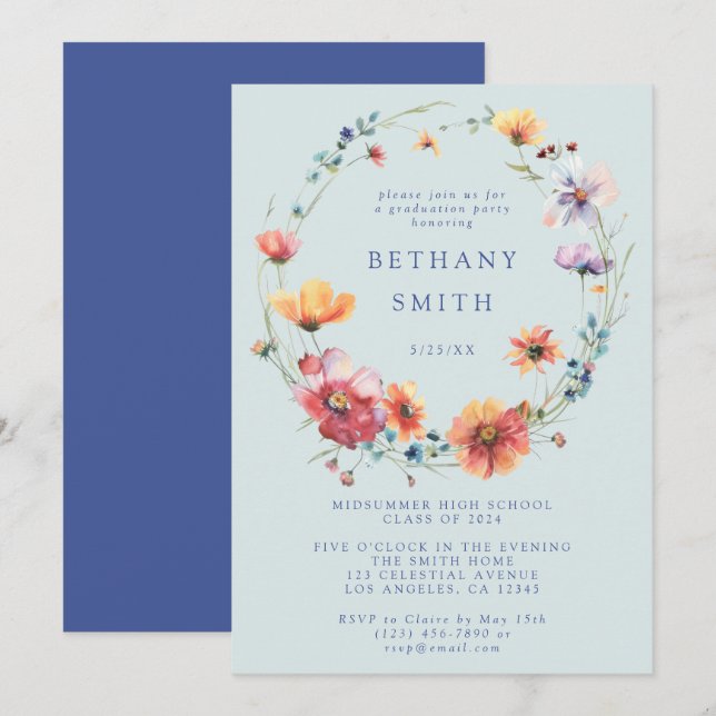 Blue Wildflower Graduation Party Invitation (Front/Back)