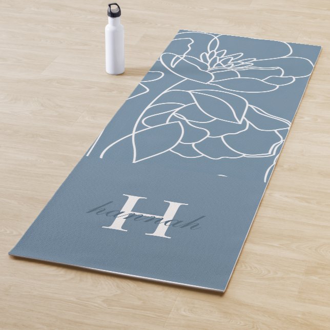 Blue Wildflower Hand Drawn Custom Monogram Name Yoga Mat (In Situ)