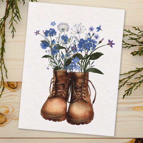 Blue Wildflower Hiking Boots Outdoor Postcard