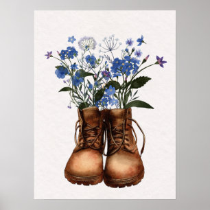 Blue Wildflower Hiking Boots Outdoor  Poster