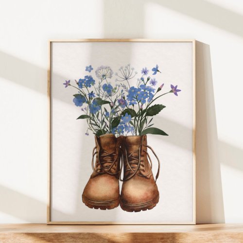 Blue Wildflower Hiking Boots Outdoor  Poster