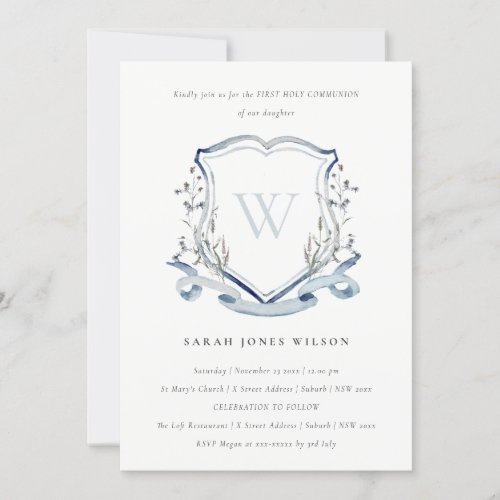 Blue Wildflower Initial Crest First Holy Communion Invitation