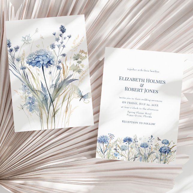 Blue Wildflower Meadow Wedding Invitation (French Blue Watercolor Garden Wildflowers Wedding Invitation on a dry palm leaf.)