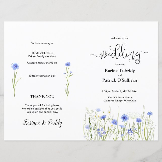 Blue Wildflower Meadow Wedding Program (Front)