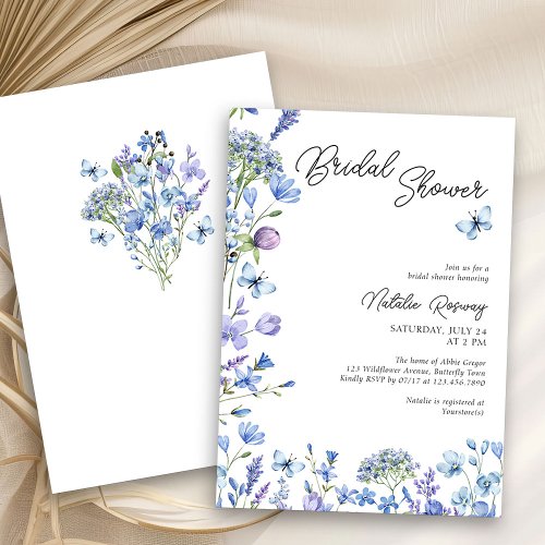 Blue Wildflower Modern Script Floral Bridal Shower Invitation