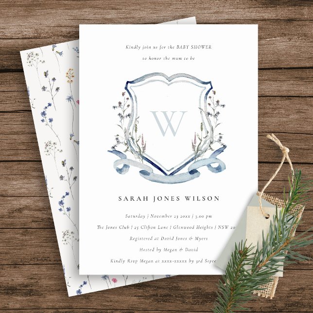 Blue Wildflower Monogram Crest Baby Shower Invitation (Creator Uploaded)